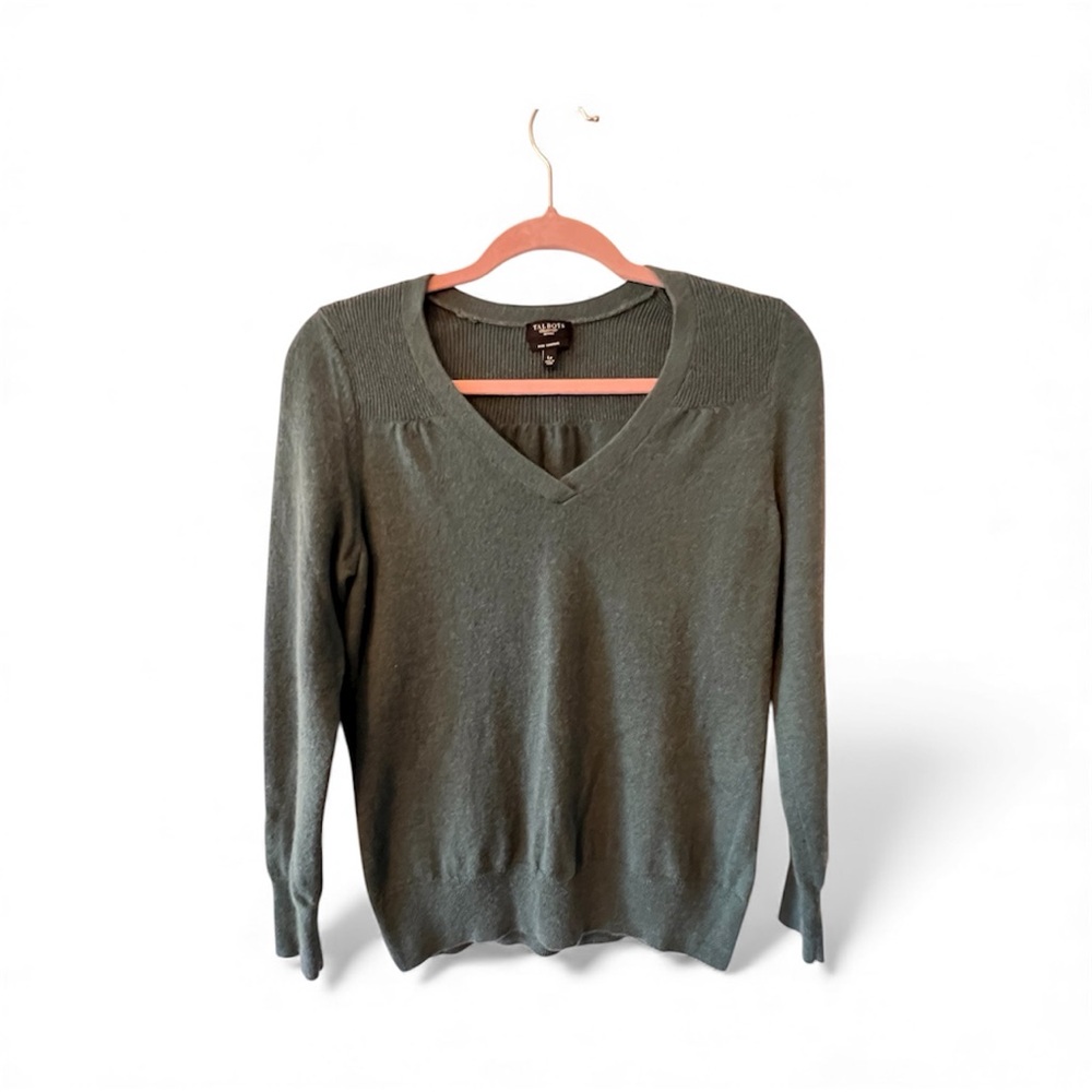 TALBOTS Cashmere V Neck Dark Sage Green Sweater Size Large Petite
